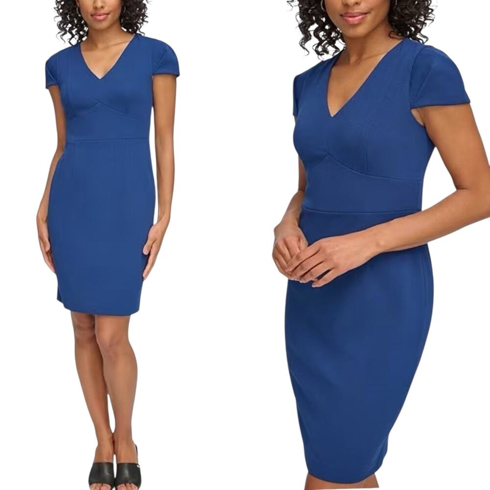 DKNY Donna Karan Women Blue Size 2 cap sleeve v neck Fitted Wiggle Sheath Dress